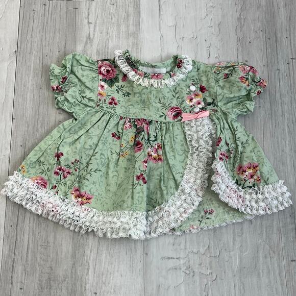 Vintage Jo Lene Floral Rose Lace Bow Dainty Girly Newborn Green Dress 0-3 Months - Picture 1 of 8